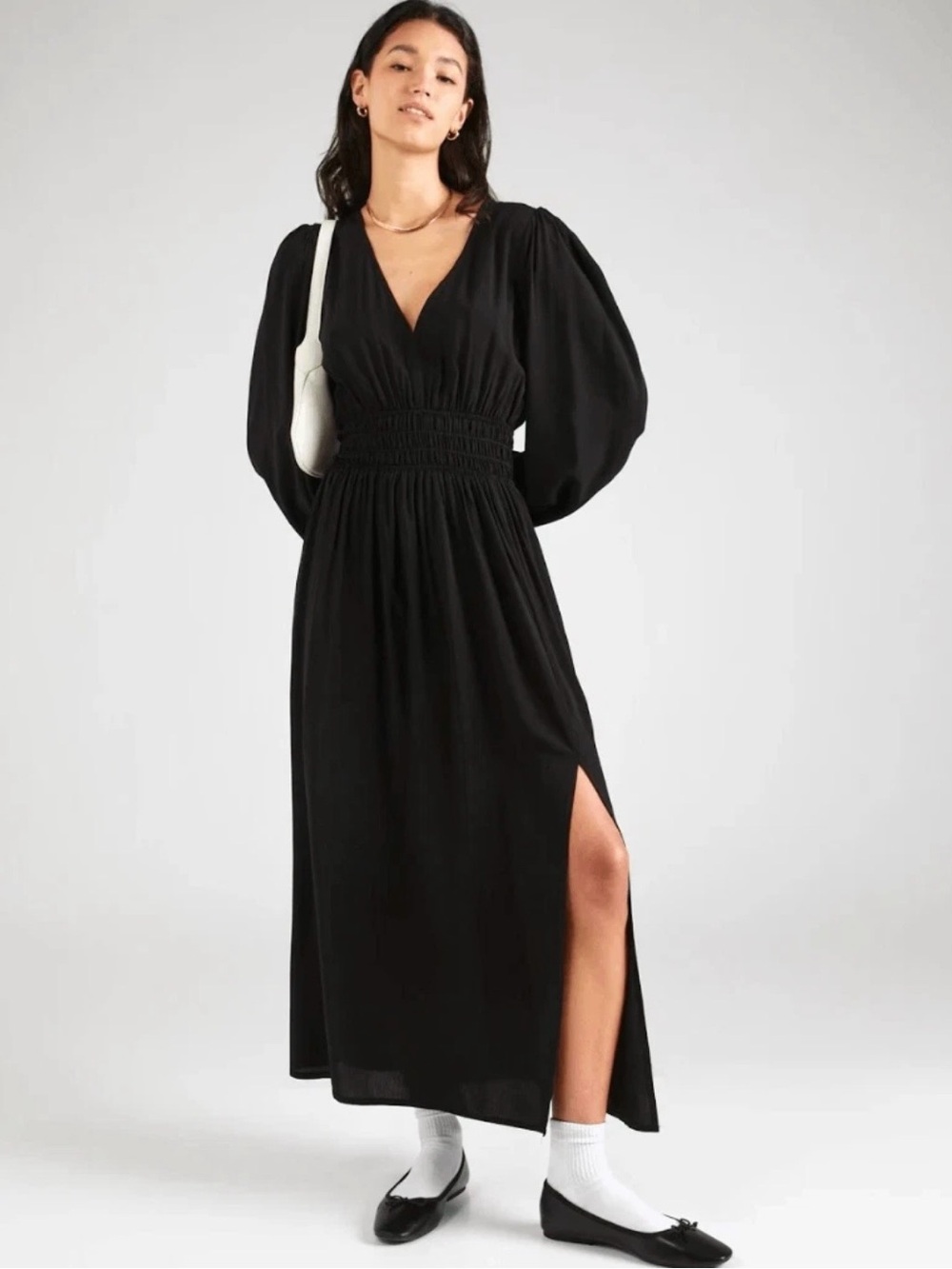 GAP Black V-Neck Smocked Waist Maxi Dress with Side Slit